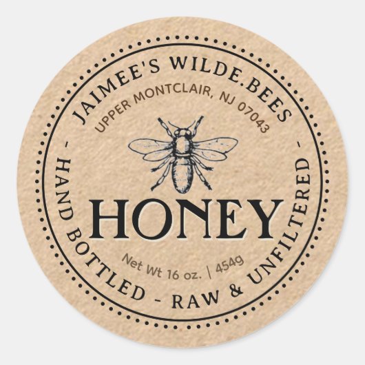 Kraft Honey Label met Honeybee en stippelrand (Voorkant)