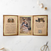 Kraft Hout Sprookjeskasteel Foto QR Code Bruiloft Drieluik Uitnodiging (Binnen)
