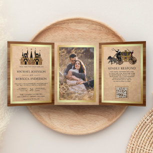 Kraft Hout Sprookjeskasteel Foto QR Code Bruiloft Drieluik Uitnodiging