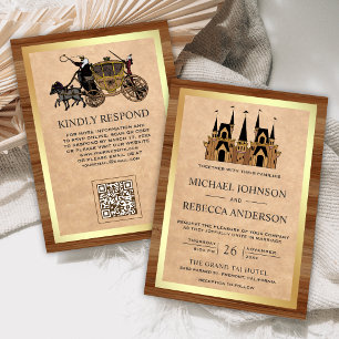 Kraft Hout Sprookjeskasteel QR Code Bruiloft Kaart