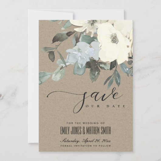 KRAFT IVORY WHITE AQUA FLORAL WATERVERF BUNCH SAVE THE DATE (Voorkant)