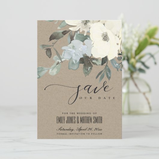 KRAFT IVORY WHITE AQUA FLORAL WATERVERF BUNCH SAVE THE DATE (Staand voorkant)