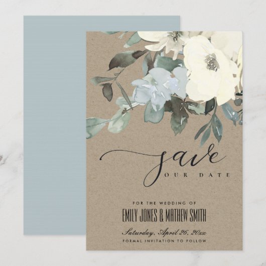 KRAFT IVORY WHITE AQUA FLORAL WATERVERF BUNCH SAVE THE DATE (Voorkant / Achterkant)