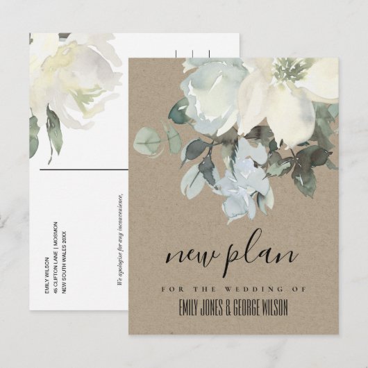 KRAFT IVORY WHITE FLORAL BUNCH WEDING NEW PLAN AANKONDIGINGSKAART (Voorkant / Achterkant)