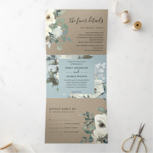 KRAFT IVORY WHITE FLORAL WATERVERF BUNCH WEDING DRIELUIK UITNODIGING