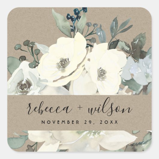 KRAFT IVORY WHITE FLORAL WATERVERF BUNCH WEDING VIERKANTE STICKER (Voorkant)