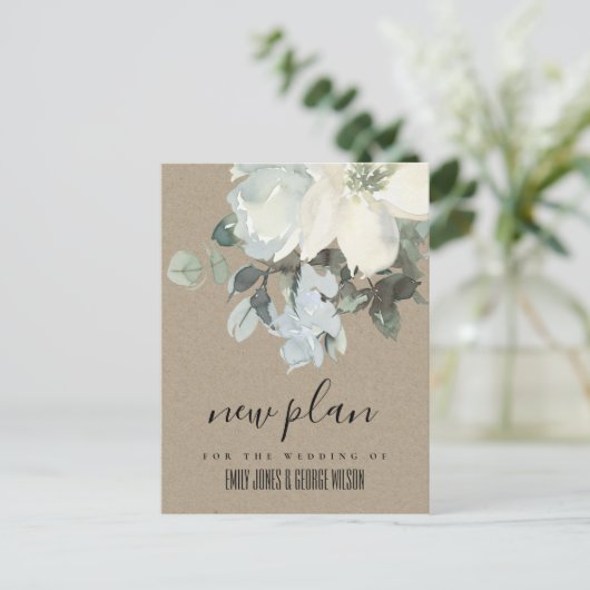 KRAFT IVORY WITTE BLOEMEN BOeket TROUW NIEUW PLAN Aankondigingskaart (Staand voorkant)