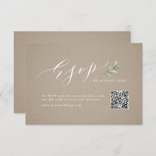 Kraft kalligrafie rustiek groen bruiloft QR-code RSVP Kaartje (Voorkant / Achterkant)