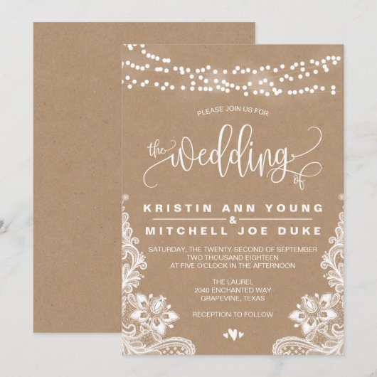 Kraft Kant en Lichten Rustieke Bruiloft Uitnodigin Kaart (Voorkant / Achterkant)