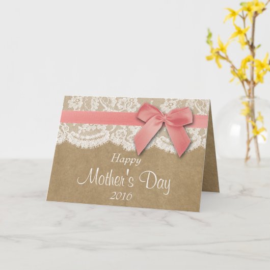 Kraft, kant en roze bow Happy Moederdag Kaart (Gele Bloem)