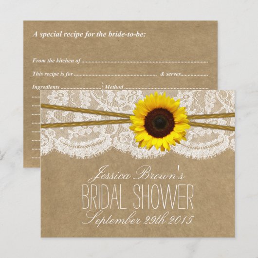Kraft, kant en zonnebloem Vrijgezellenfeest Recipe Uitnodiging Briefkaart (Voorkant / Achterkant)