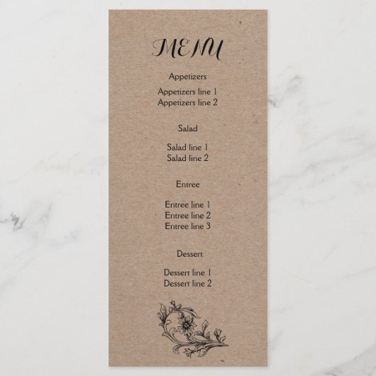 Kraft karton  bloemenbruiloft menukaart (Achterkant)