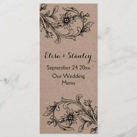 Kraft karton bloemenbruiloft menukaart (Voorkant)