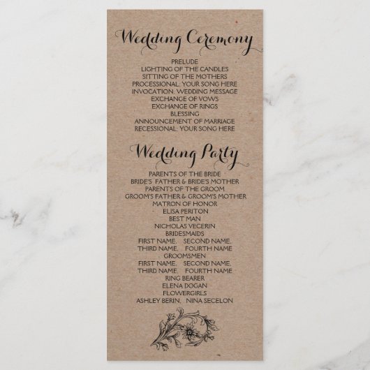 Kraft karton  bloemenbruiloft programma programmakaart (Achterkant)
