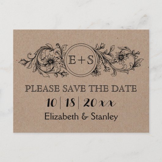 Kraft kartonnen initialen bruiloft Save the Date Aankondigingskaart (Voorkant)