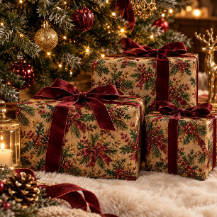 Kraft Kerst Botanisch Patroon – Bourgondische Stri Cadeaupapier