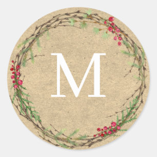 Kraft Kerstkrans Monogramzegel Ronde Sticker