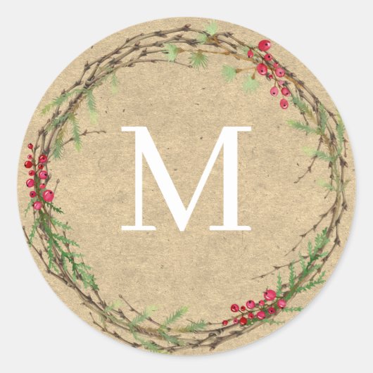 Kraft Kerstkrans Monogramzegel Ronde Sticker (Voorkant)