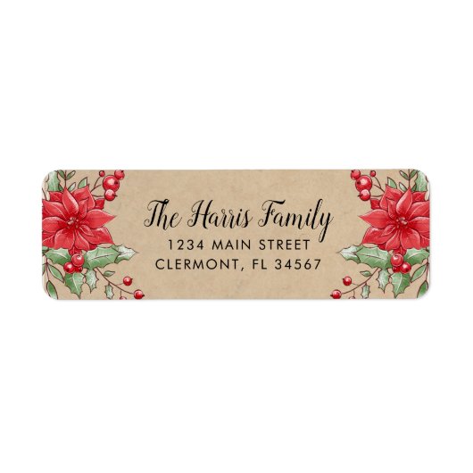 Kraft Kerstmis Poinsettia Holly Berry Label (Voorkant)