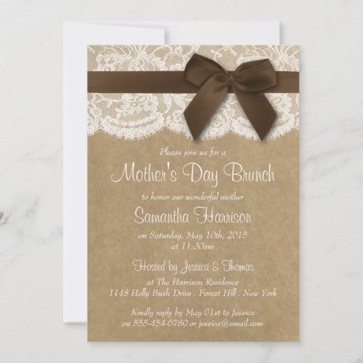 Kraft, Lace & Brown Bow Moederdag Brunch Kaart (Voorkant)