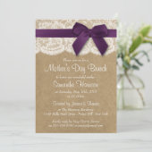 Kraft, Lace en Paarse Bow Moederdag Brunch Kaart (Staand voorkant)
