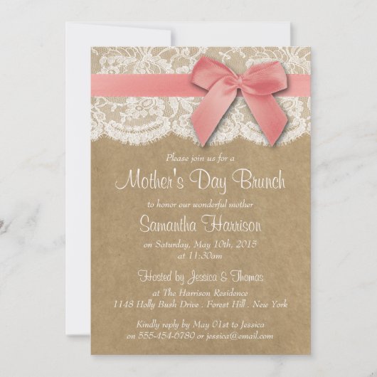 Kraft, Lace en Pink Bow Moederdag Brunch Kaart (Voorkant)