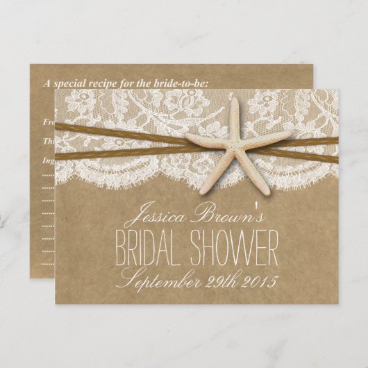 Kraft, Lace & Starfish Beach Vrijgezellenfeest Rec Uitnodiging Briefkaart (Voorkant / Achterkant)