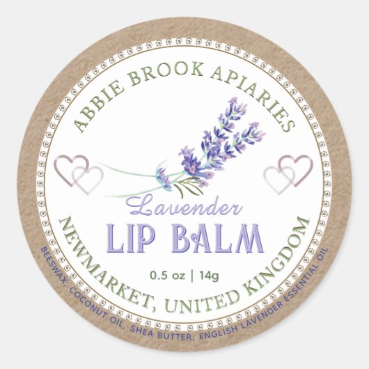 Kraft Lavendel Lip Balm Label met Harten (Voorkant)