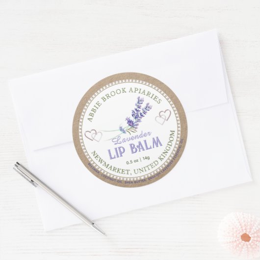 Kraft Lavendel Lip Balm Label met Harten (Envelop)