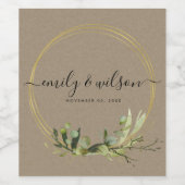 KRAFT LEAFY GREEN GOLD FOLIAGE WATERVERF WEDDING WIJN ETIKET (Enkel label)