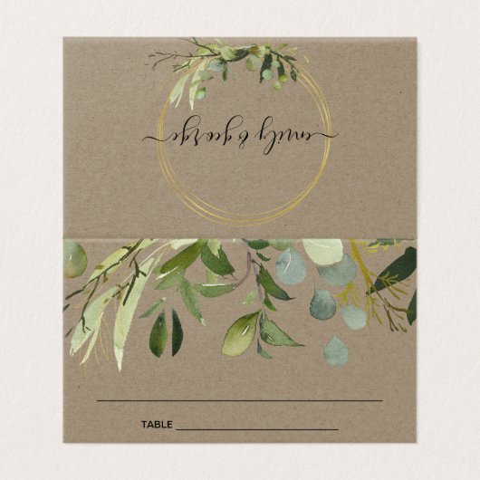 KRAFT LEAFY GREEN GOLD FOLIAGE WEDDING PLACE CARD KAART (Buitenkant ongevouwen)