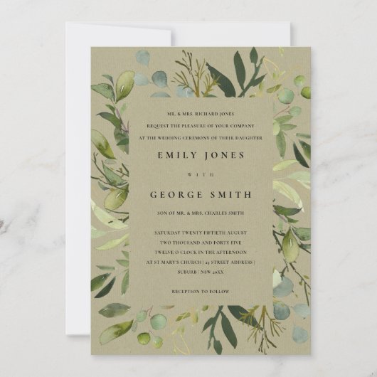 KRAFT LEAFY LIJST GREEN FOLIAGE WATERVERF WEDDING KAART (Voorkant)