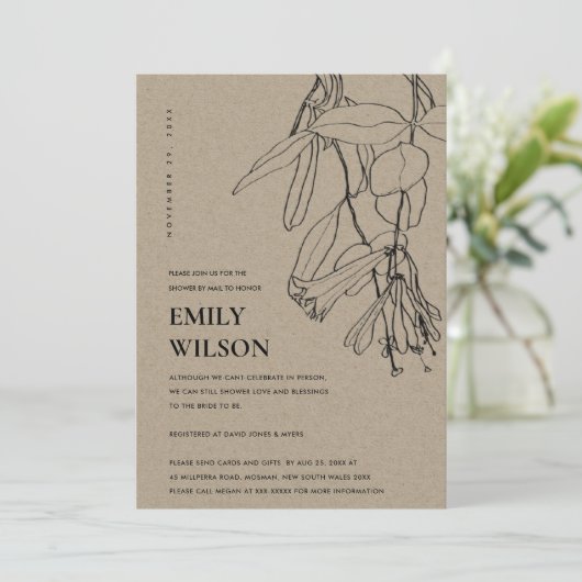 KRAFT LINE DRAWING FLORAL SHOWER BY MAIL INVITE BEDANKKAART (Staand voorkant)