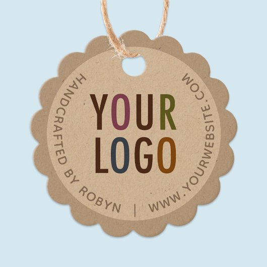 Kraft Logo Hang Labels met String Round Scalloped