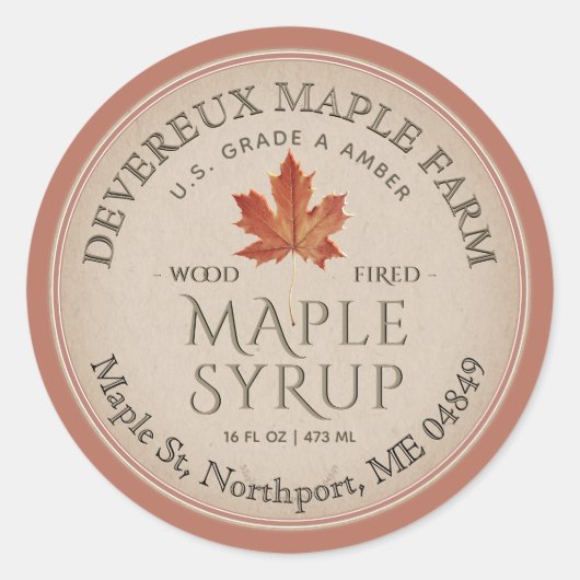 Kraft Maple Syrup Sinaasappel Blad Terra-cotta gre Ronde Sticker (Voorkant)