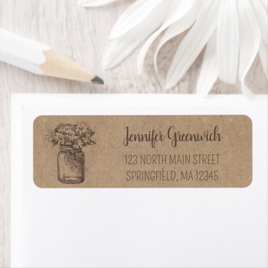 Kraft Mason Jar Rustic Floral Retouradres Label (Insitu)