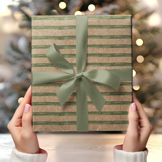 Kraft met groene strepen Waterverf Cadeaupapier