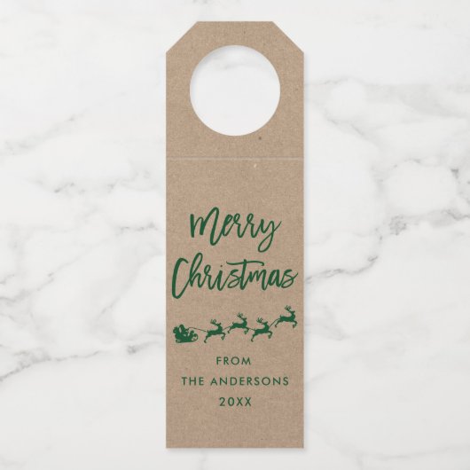 Kraft Modern Brush Script Merry kerst Green Flessenhanger (Voorkant)