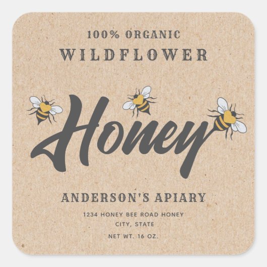 Kraft Modern hart honingbijen honingpot Vierkante Sticker (Voorkant)