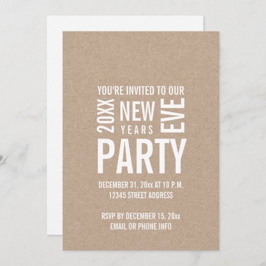 Kraft Modern New Years Eve Party Invite Kaart (Voorkant / Achterkant)