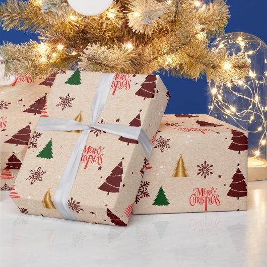 Kraft Moderne Kerstboom en Sneeuwvlokken Gift Cadeaupapier (Feestdagen)