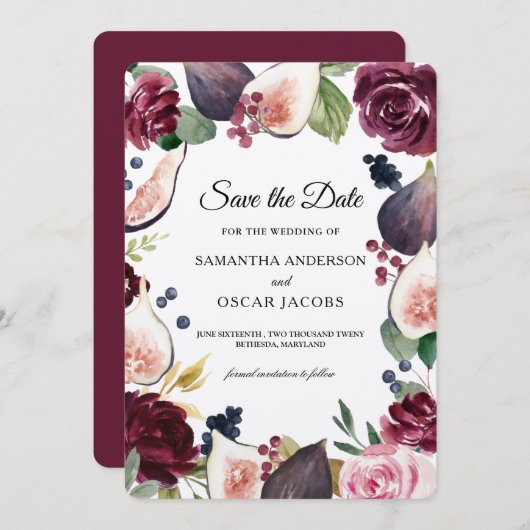 Kraft Moody & Rustic Burgundy Figs & Flowers Lijst Save The Date (Voorkant / Achterkant)