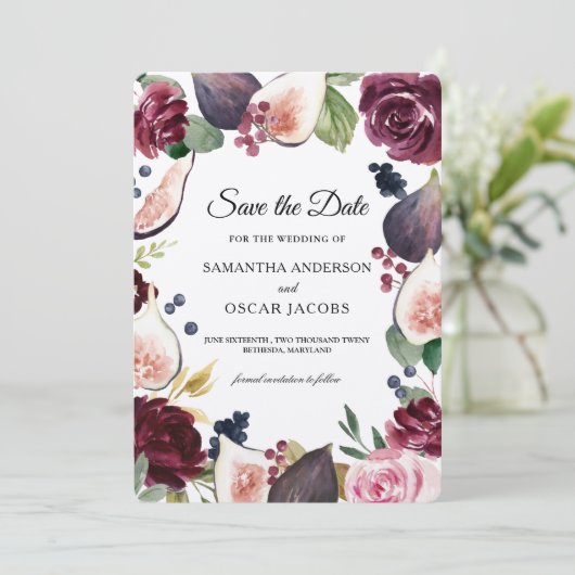 Kraft Moody & Rustic Burgundy Figs & Flowers Lijst Save The Date (Staand voorkant)