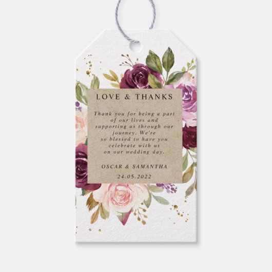 Kraft Moody & Rustic Burgundy Floral Lijst & Gold Cadeaulabel (Voorkant)