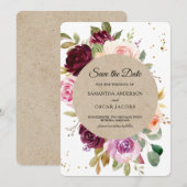Kraft Moody & Rustic Burgundy Floral Lijst & Gold Save The Date (Voorkant / Achterkant)