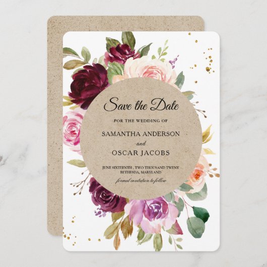 Kraft Moody & Rustic Burgundy Floral Lijst & Gold Save The Date (Voorkant / Achterkant)