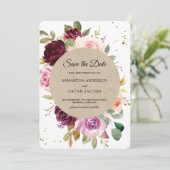 Kraft Moody & Rustic Burgundy Floral Lijst & Gold Save The Date (Staand voorkant)