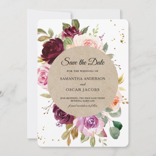 Kraft Moody & Rustic Burgundy Floral Lijst & Gold Save The Date (Voorkant)