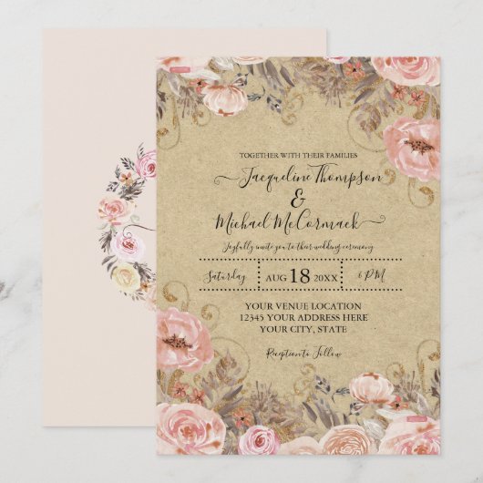 Kraft Muted Blush Pink Waterverf Floral Roos Gold Kaart (Voorkant / Achterkant)