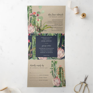 KRAFT NAVY FLORAL CACTI FOLIAGE WATERVERF WEDDING DRIELUIK UITNODIGING